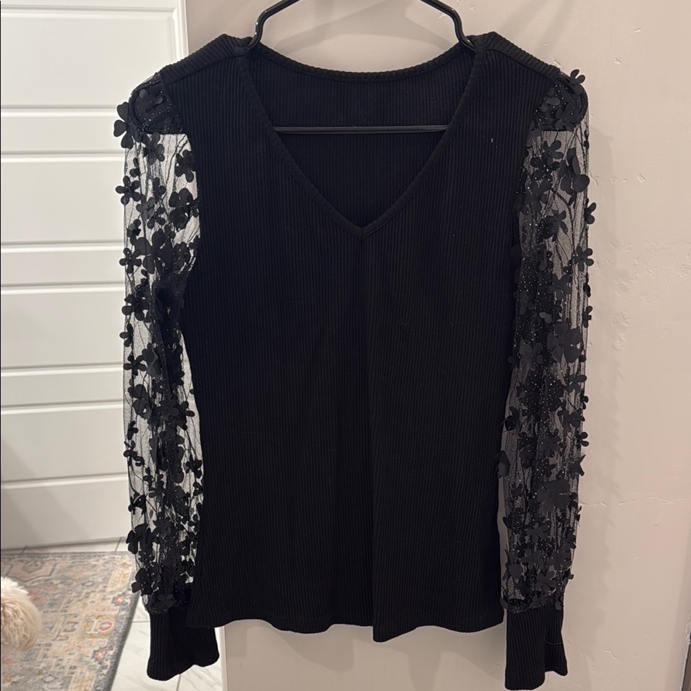 Chic Black Top with Sheer Floral Sleeves